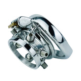Angled view of stainless steel thorn-spiked chastity cage