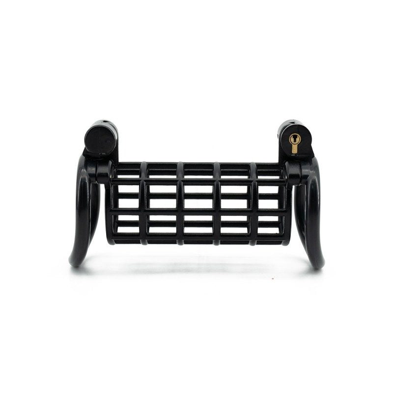 Black two-person shared resin chastity cage front view