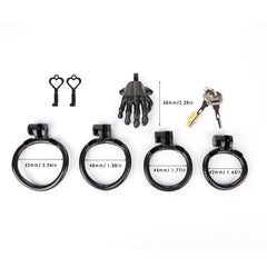 White skeleton-hand resin chastity cage with four base rings