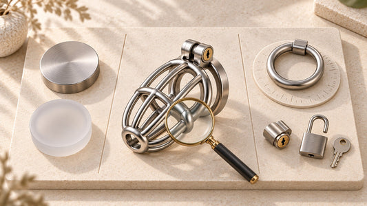Chastity cage comparison with material samples, sizing ring, locks and magnifying glass