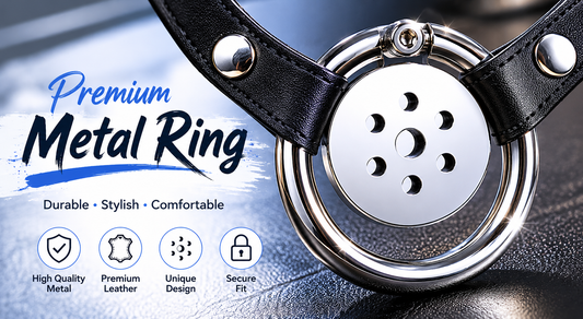 Close-up view of the JTS S235 stainless steel restraint ring featuring a premium leather strap, durable metal construction, and secure fit design by TemptCove.