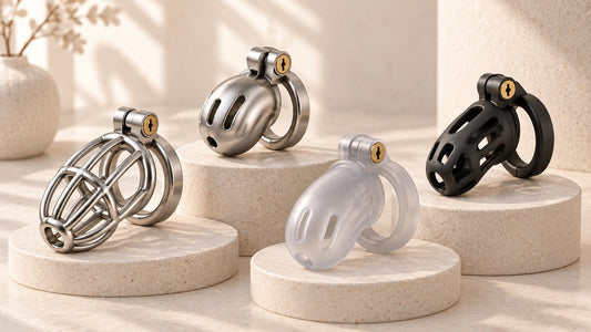 Four different chastity cage designs in metal, silicone and resin