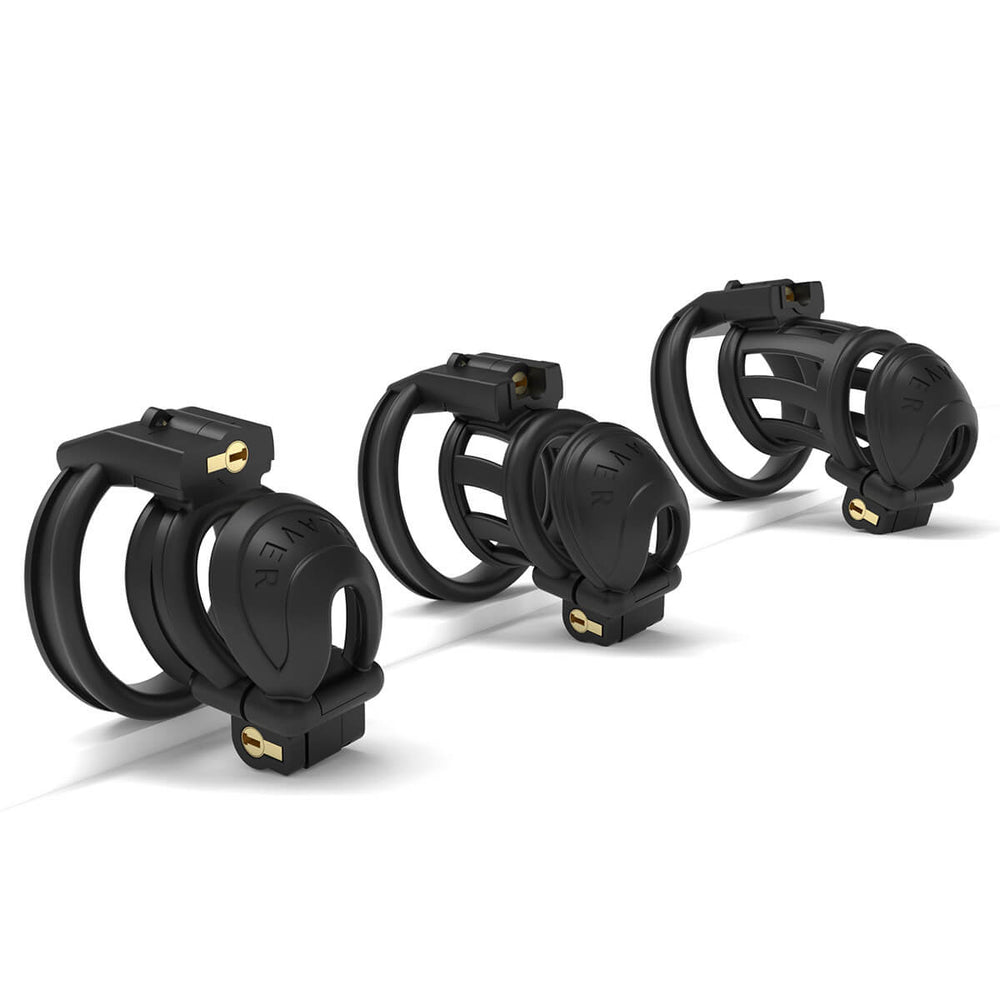 Micro, Short and Long black double-headed chastity cage profiles
