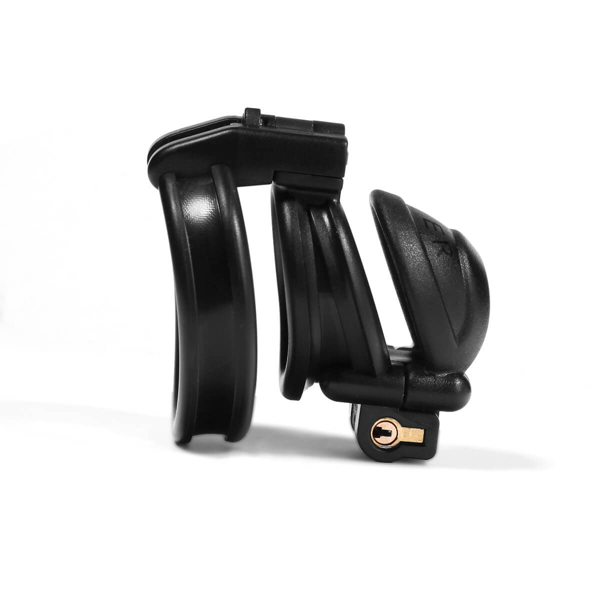 Compact side profile of the black double-headed chastity cage

