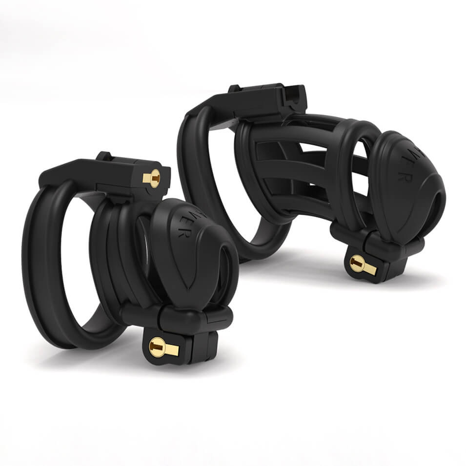 Two black double-headed chastity cage profiles in three-quarter view
