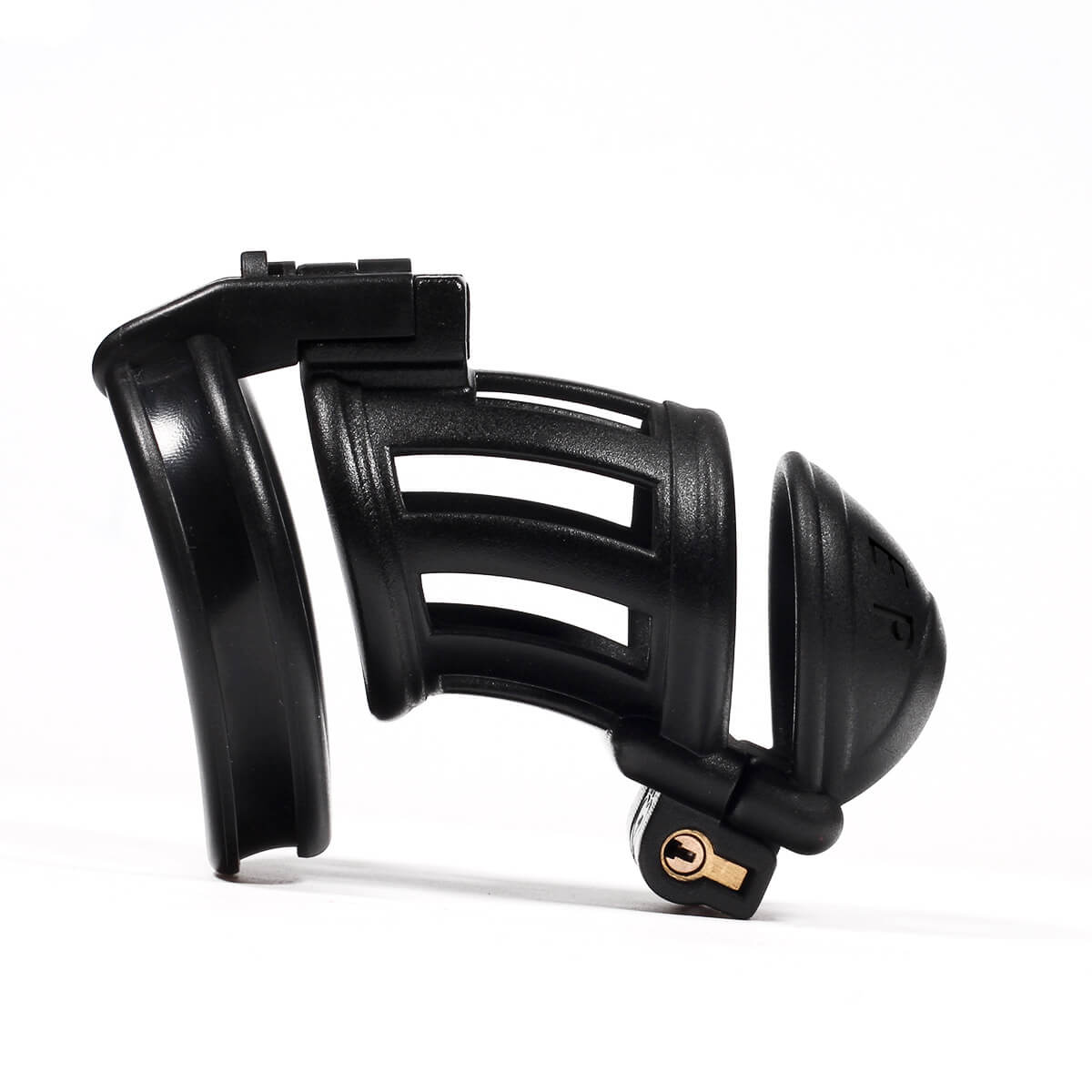 Black open-frame double-headed chastity cage shown from the side
