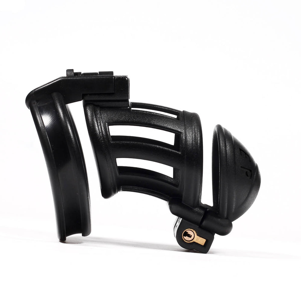 Black open-frame double-headed chastity cage shown from the side
