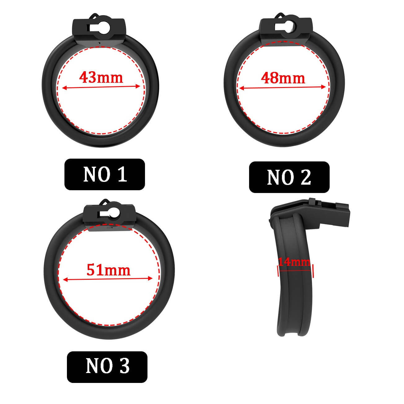 Three ring references measuring 43 mm, 48 mm and 51 mm
