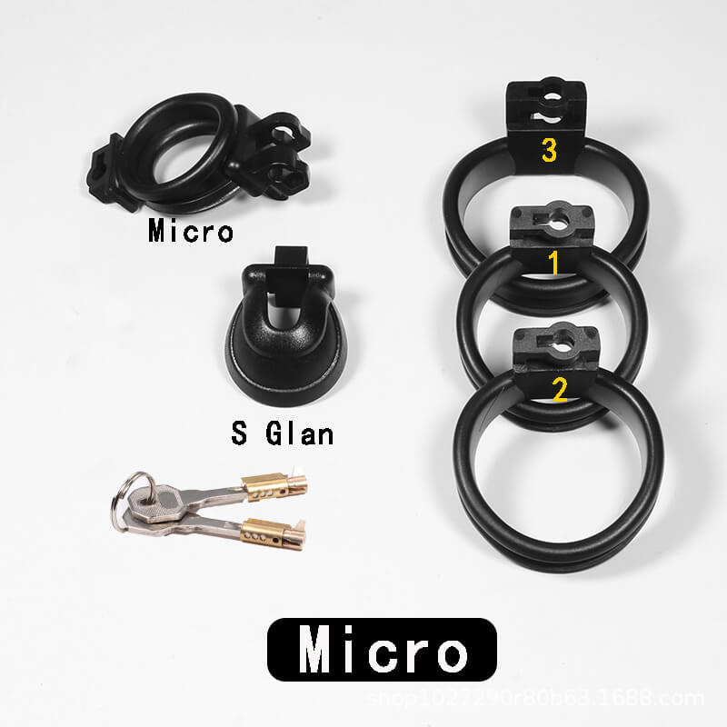 Micro black chastity cage set shown with three rings, lock body and keys

