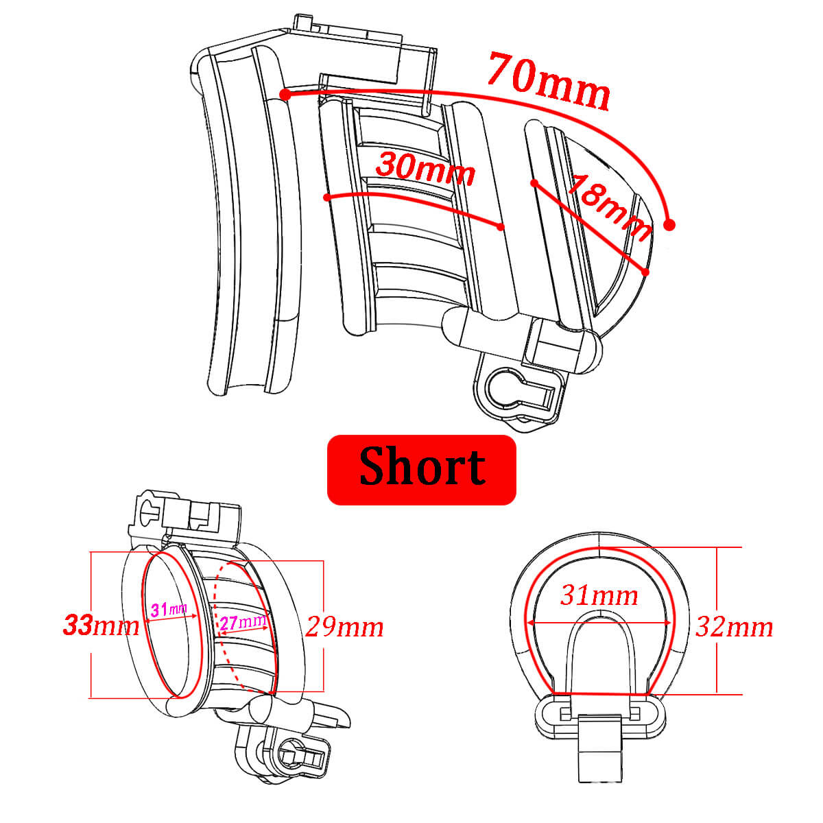 Short cage measurement diagram labelled 70 mm
