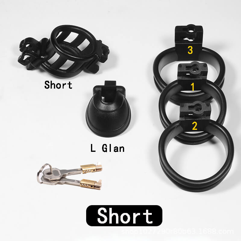 Short black chastity cage set with three rings, lock body and keys
