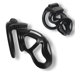 Black open-frame 3D-printed male chastity cage from front and side
