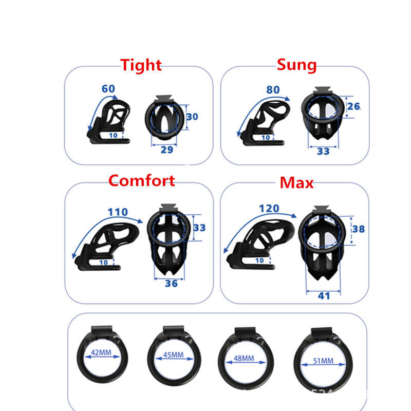 Tight, Sung, Comfort and Max cage profile and ring-size chart
