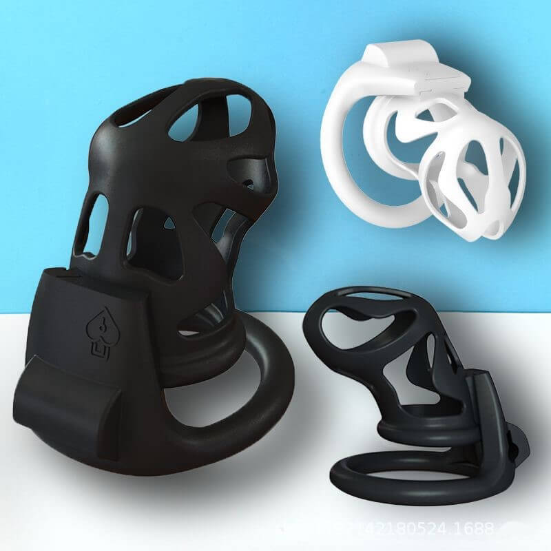 Black and white 3D-printed chastity cages shown together
