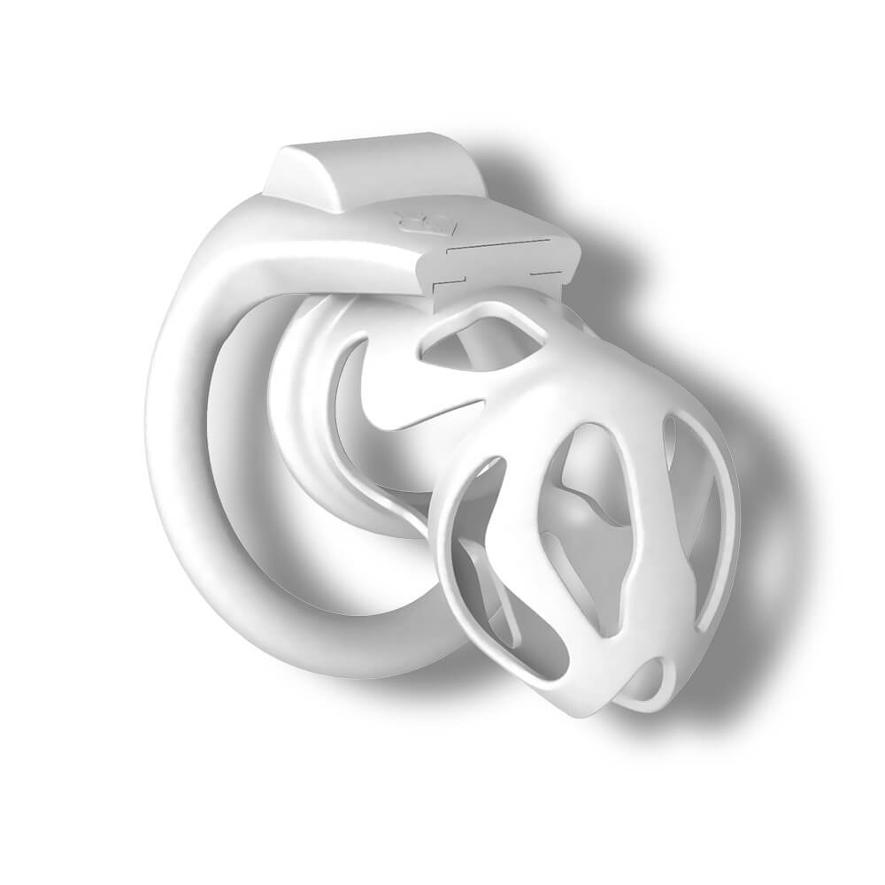 White 3D-printed chastity cage shown from front and side

