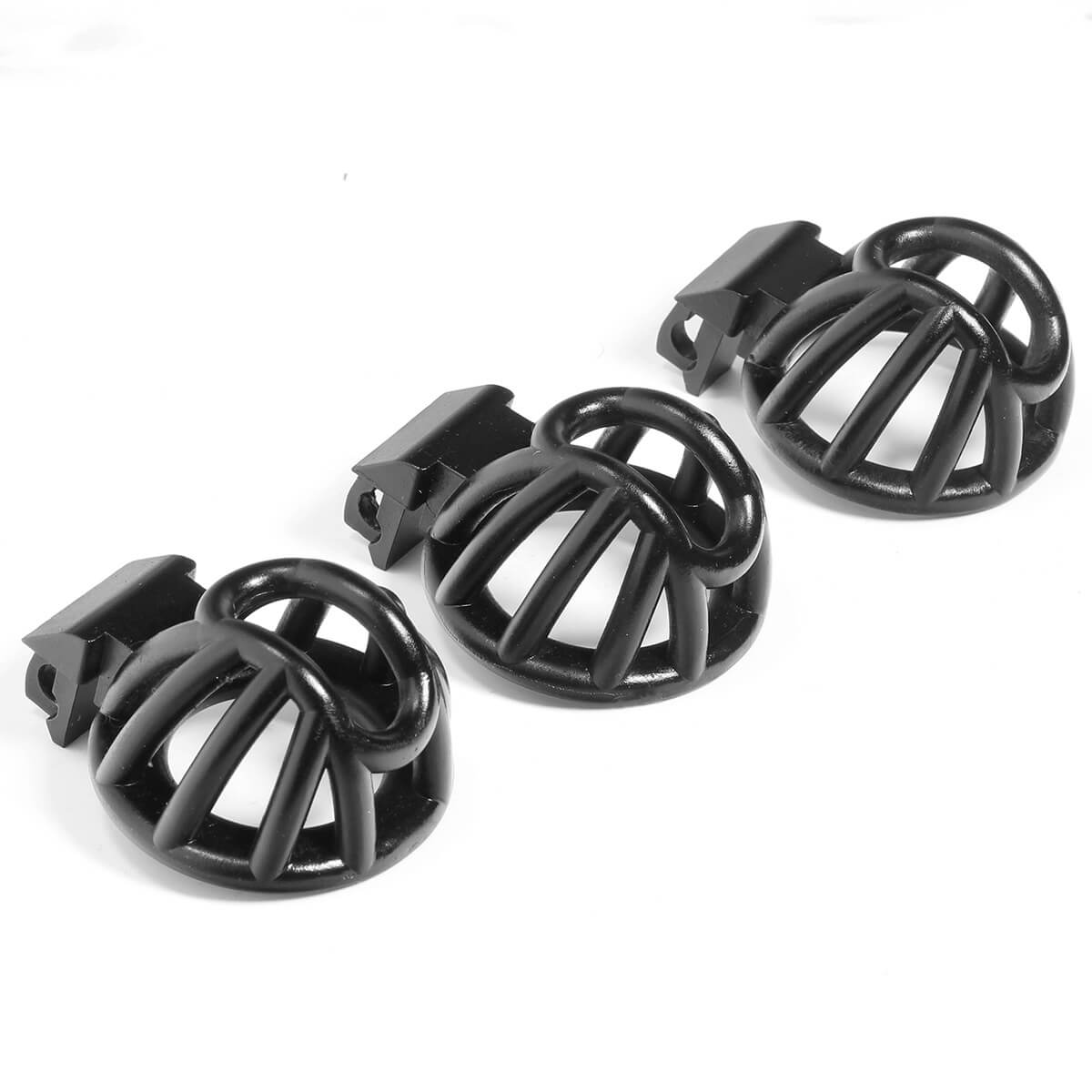 Three black small chastity cage profiles arranged in a row

