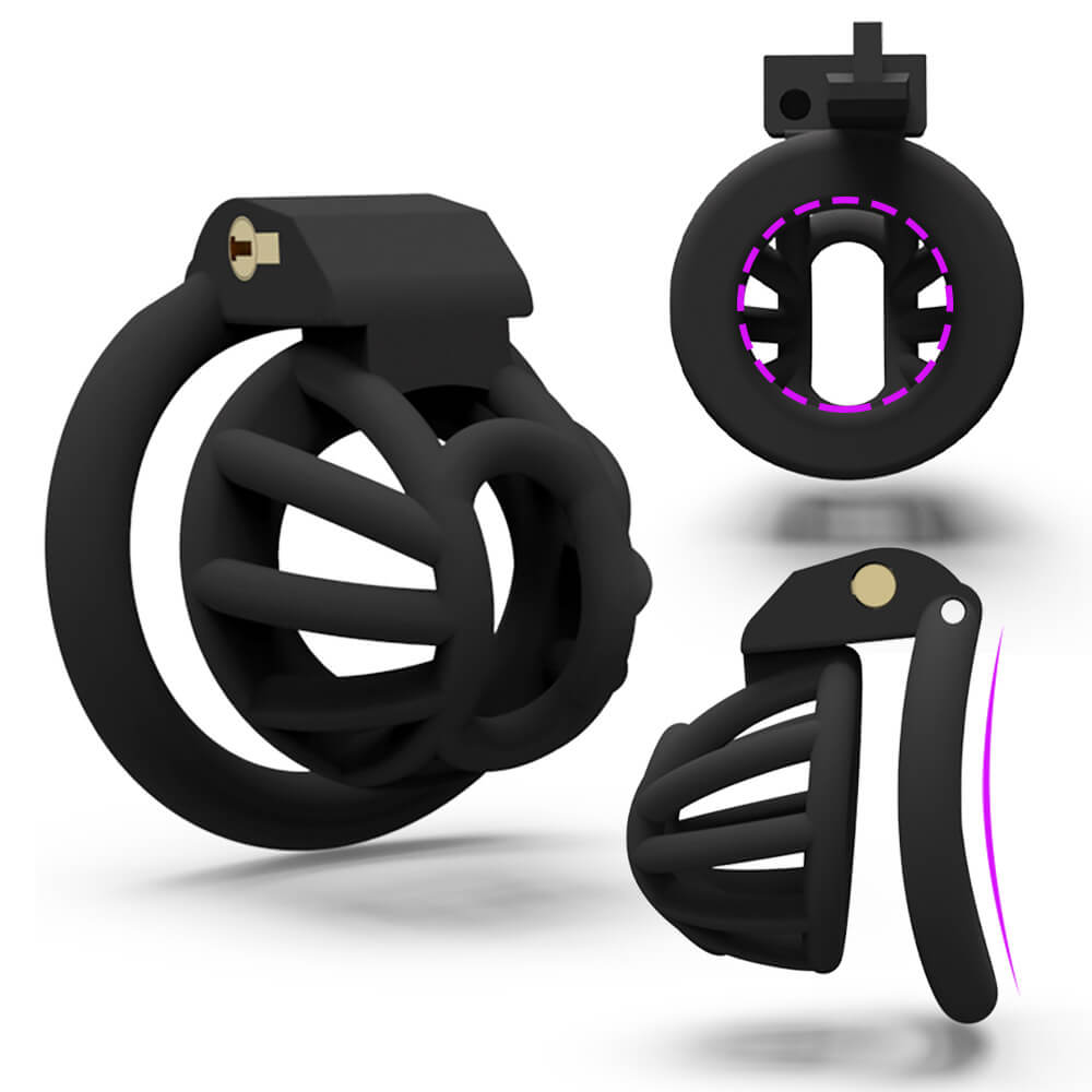 Black small 3D-printed chastity cage shown from three angles
