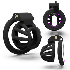 Black small 3D-printed chastity cage shown from three angles
