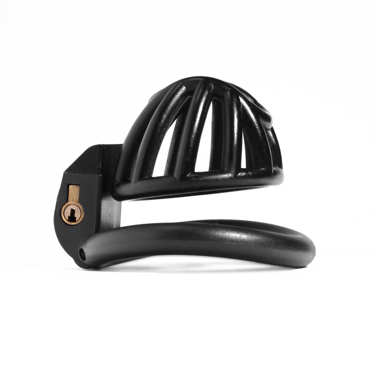 Side view of the black open-frame small chastity cage
