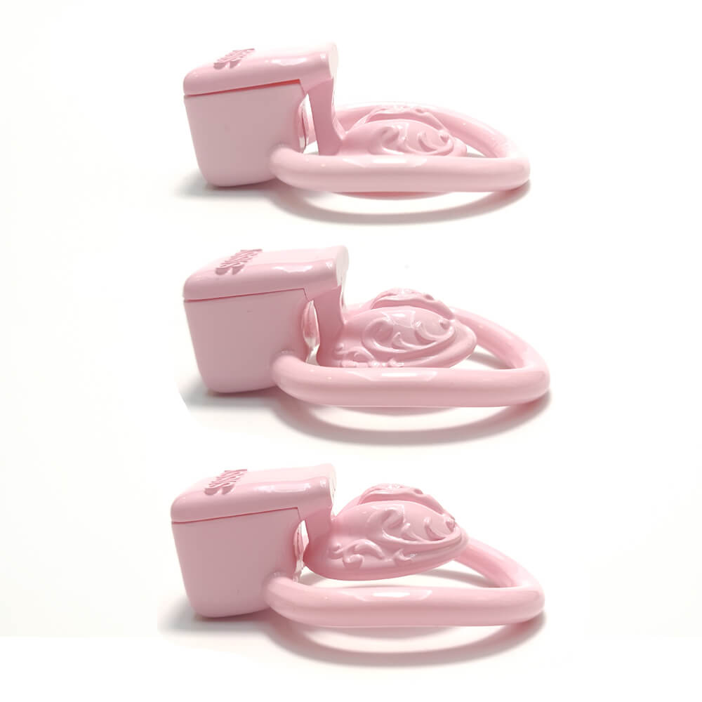 Three pink compact chastity cage profiles shown from the side
