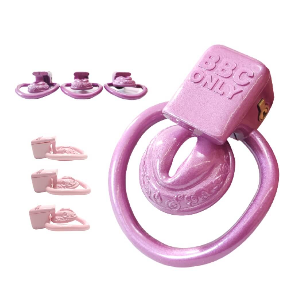 Purple compact sissy chastity cage with three profile references
