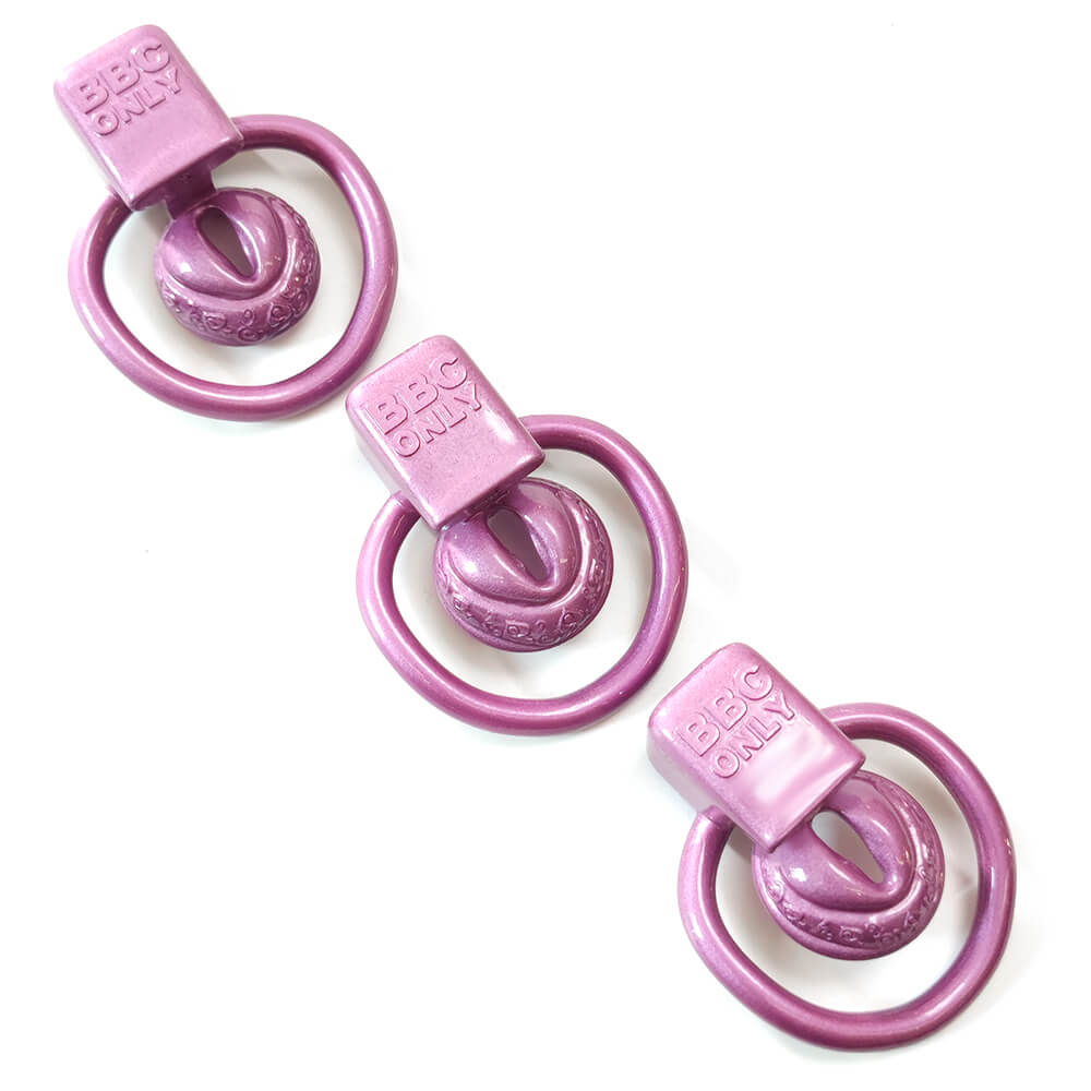 Three purple compact chastity cage profiles arranged vertically
