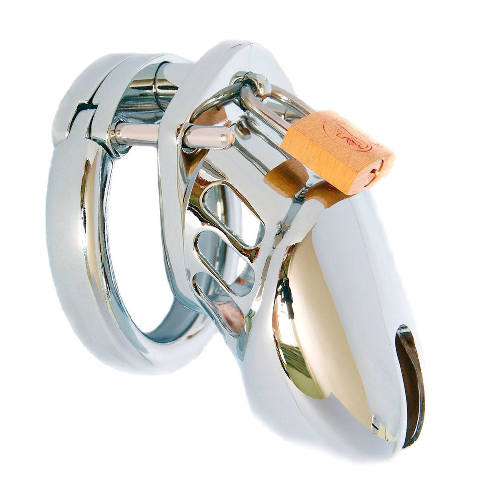 600S compact enclosed steel chastity cage with ring and padlock
