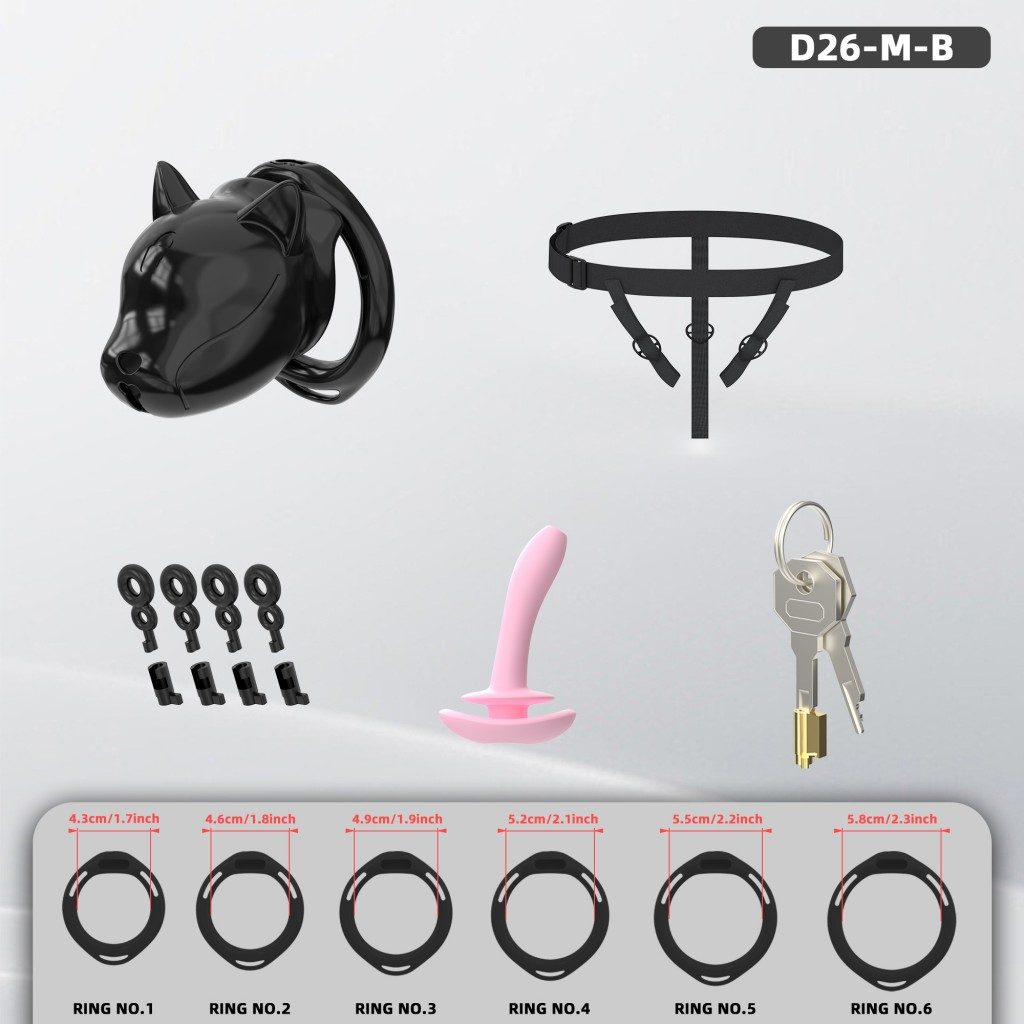 Puppy-Shaped ABS Chastity Cage, S/M with 6 Rings & Optional Belt