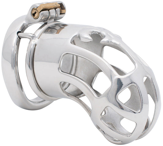 Stainless steel JTS S220 male chastity cage with an ergonomic curved base ring.