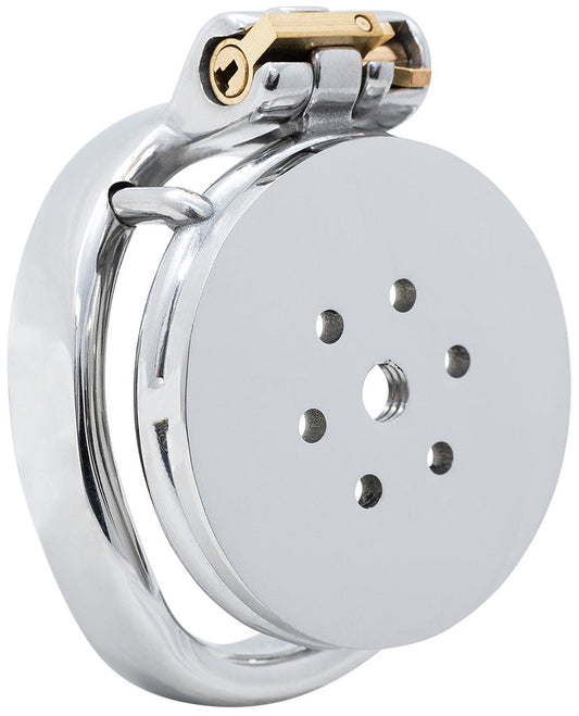 Side view of the JTS S239 stainless steel chastity cage featuring a curved, ergonomic design and ventilation ports.