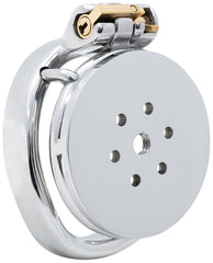 Side view of the JTS S239 stainless steel chastity cage featuring a curved, ergonomic design and ventilation ports.