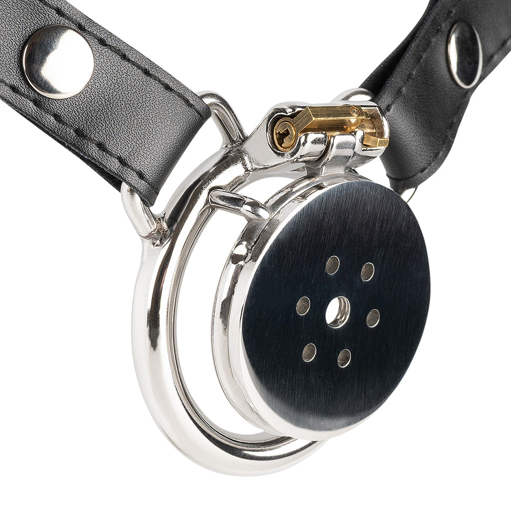 JTS S239 stainless steel chastity cage with adjustable waist strap and integrated locking mechanism.
