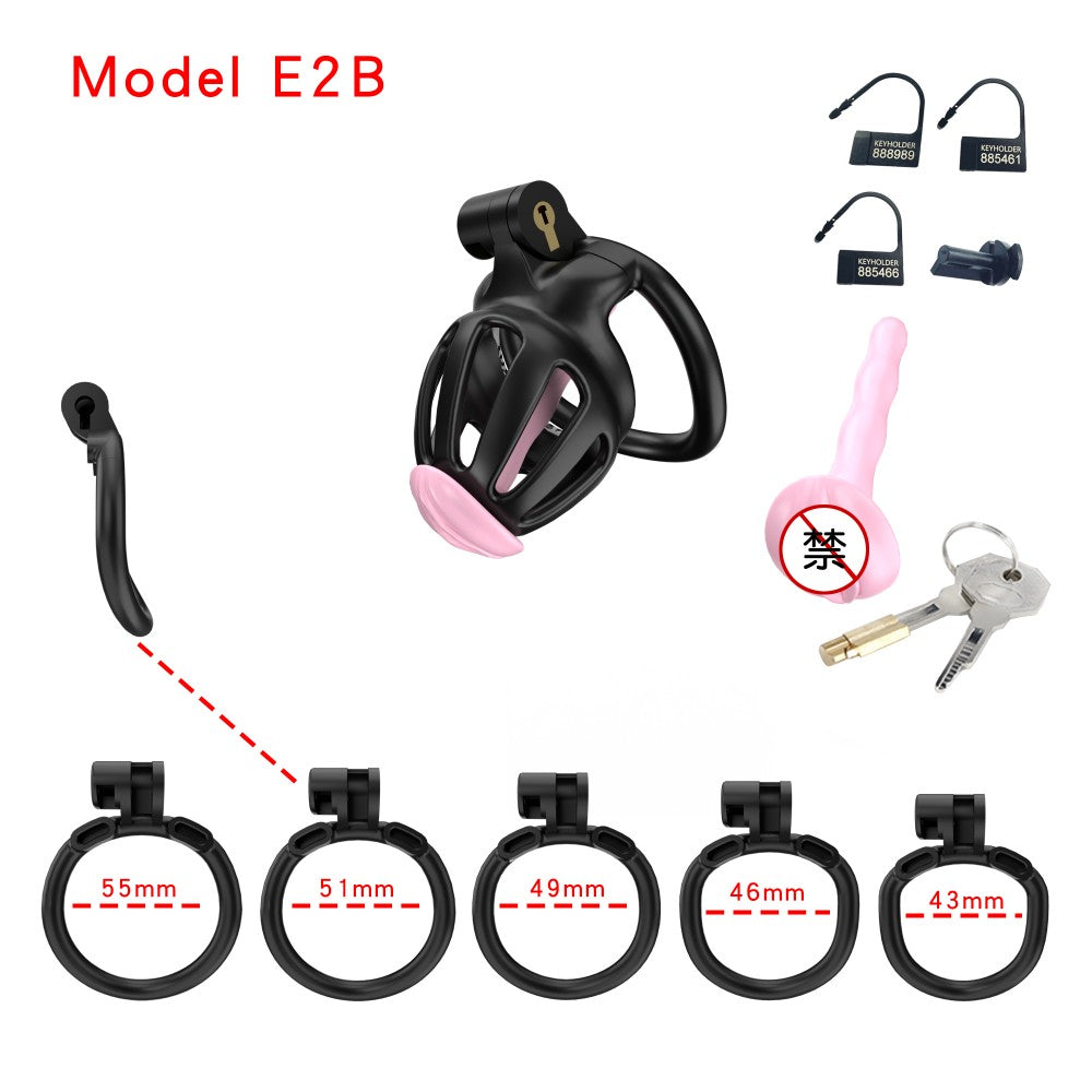 Black E2B cage with five rings, locks, catheter and keys