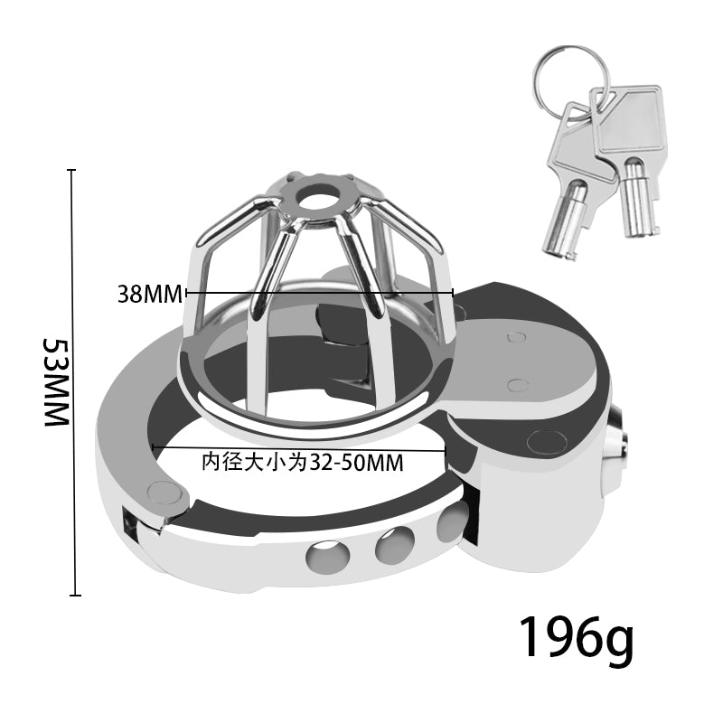 Adjustable chastity cage with listed 38 mm width and 53 mm height
