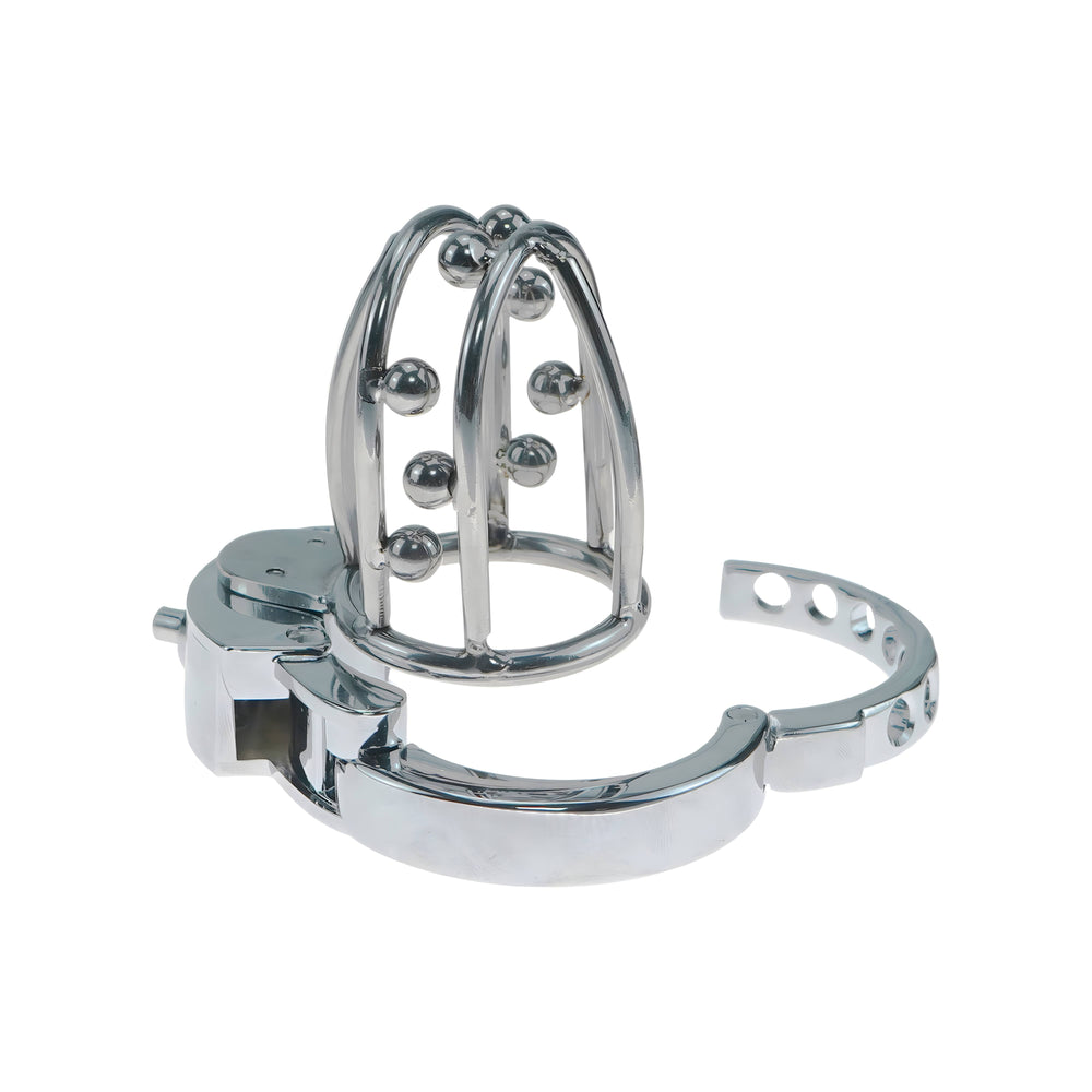 Close-up of integrated lock on adjustable metal chastity cage ZC-077