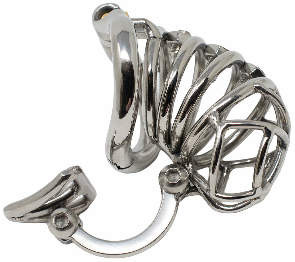S109 open-frame stainless steel chastity cage with adjustable screw points