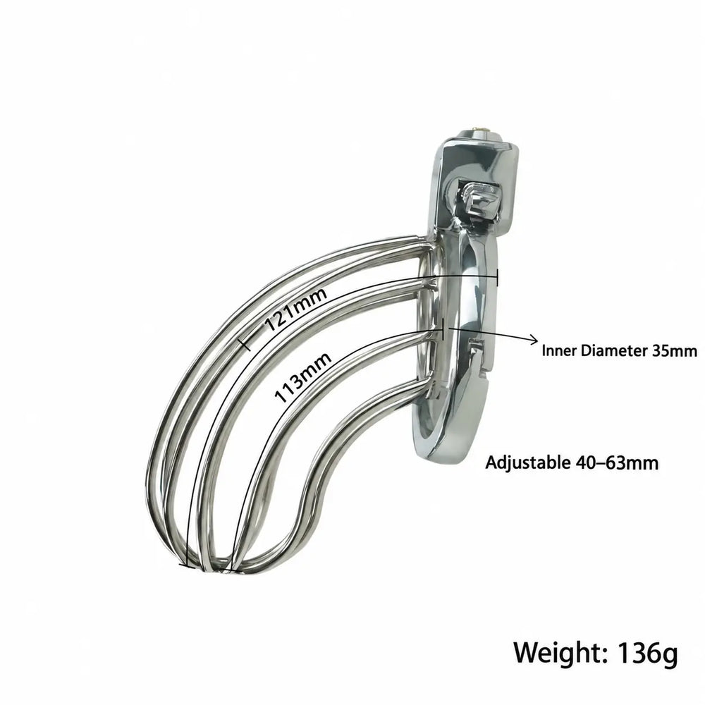 Adjustable stainless steel chastity cage with 35mm inner diameter, 40-63mm adjustable ring and 113-121mm length