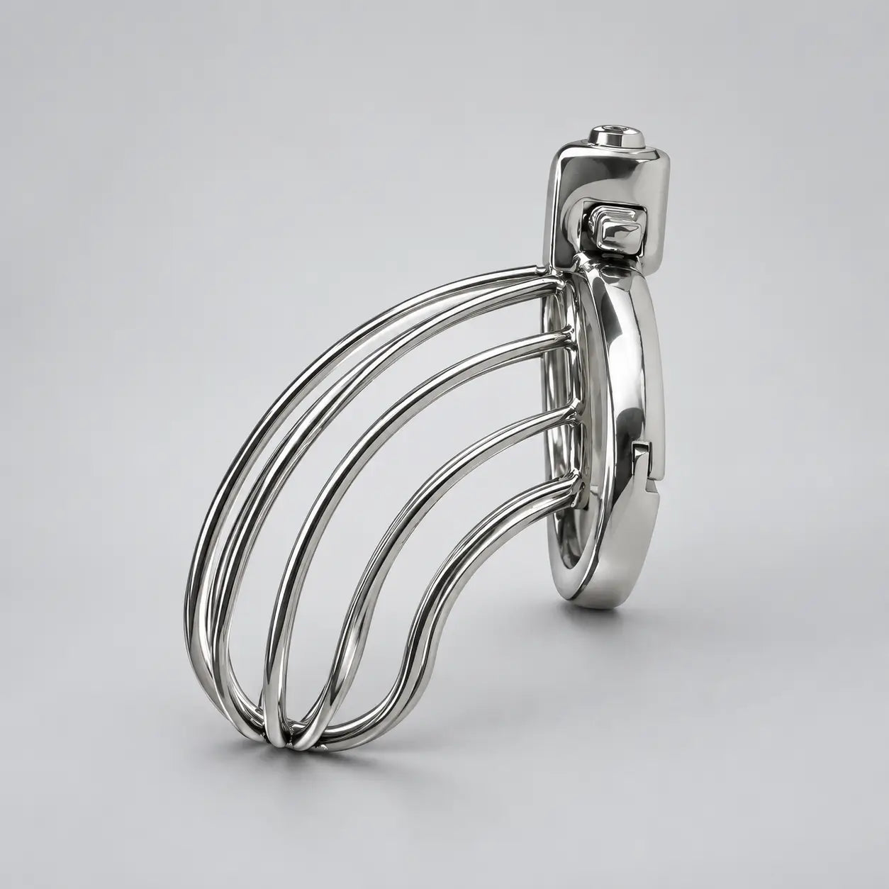 Adjustable stainless steel chastity cage with curved open-wire design, three-quarter product view