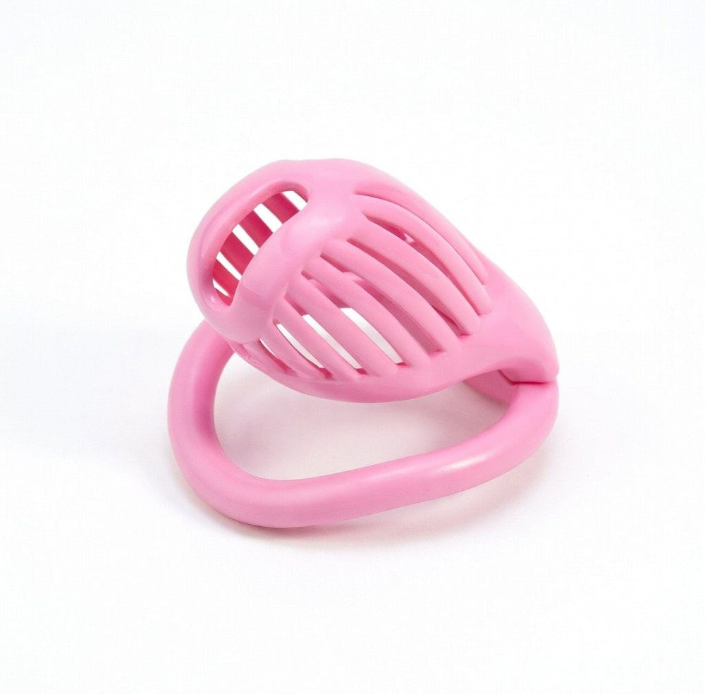Side view of pink Athena resin chastity cage