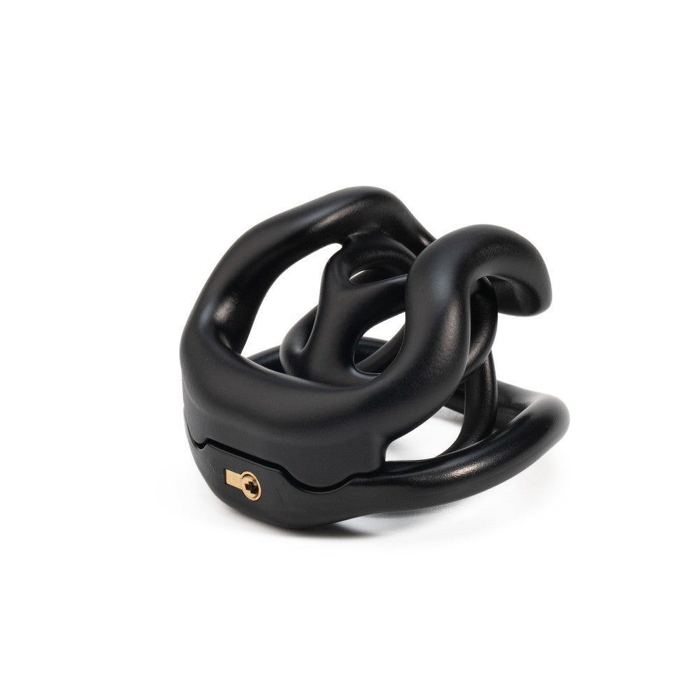 Angled view of black BC.30 resin chastity cage
