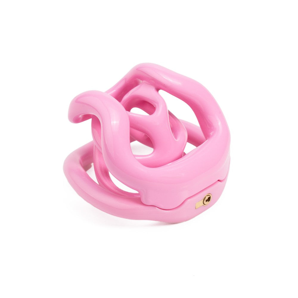 Angled view of pink BC.30 resin chastity cage
