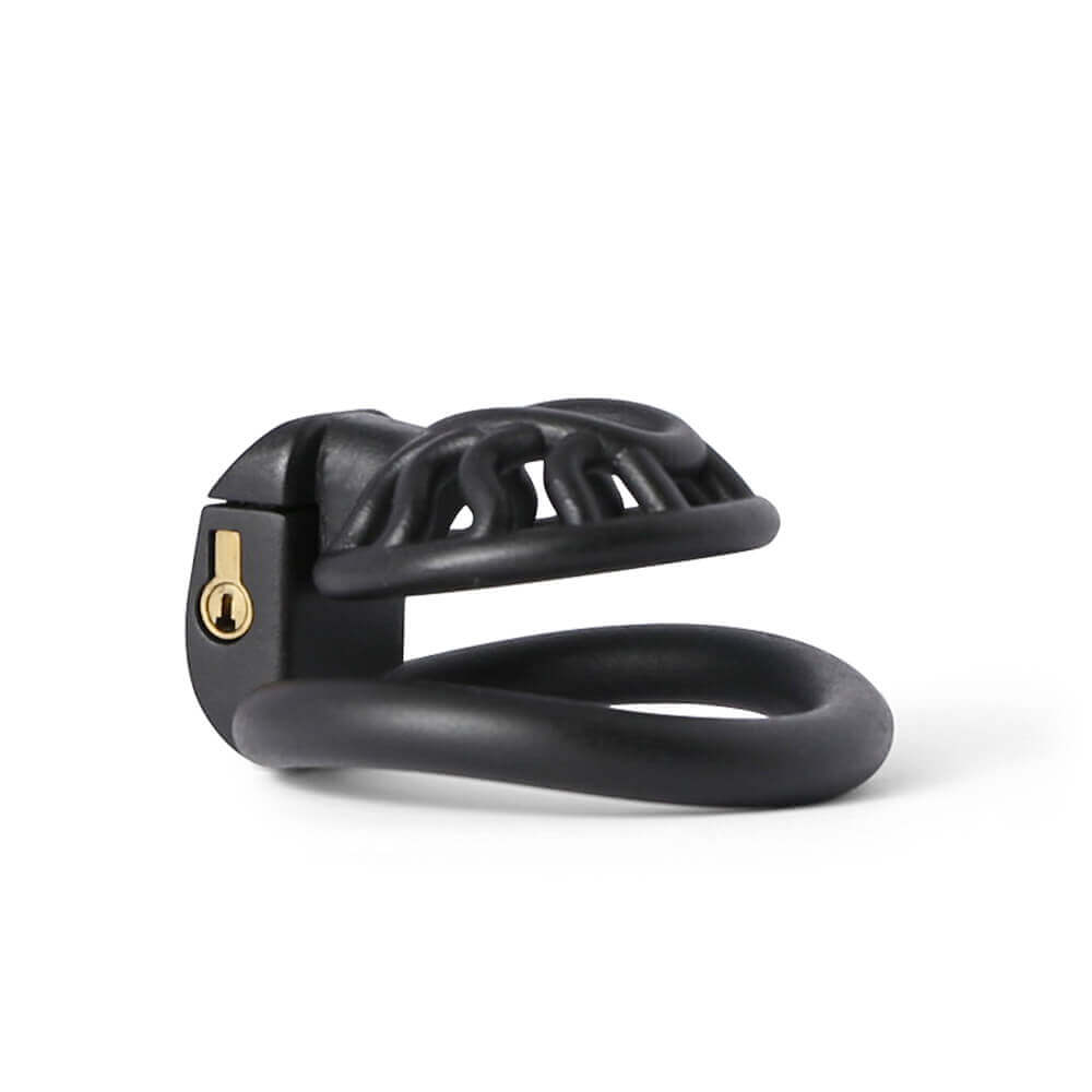 Low side view of the black Sun Spider chastity cage
