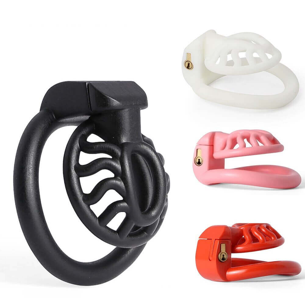 Black Sun Spider chastity cage with white, pink and red color examples
