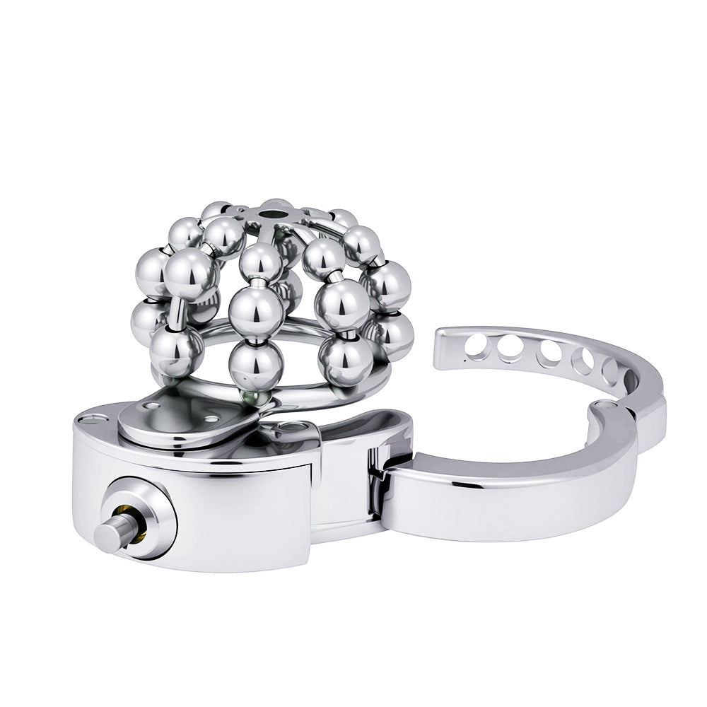 ZC-177 beaded-front metal chastity cage with hinged ring open