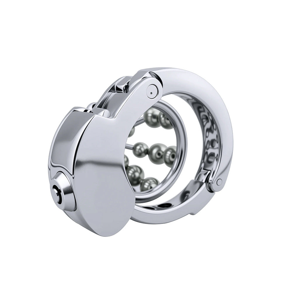 Profile view of beaded-front metal chastity cage ZC-177