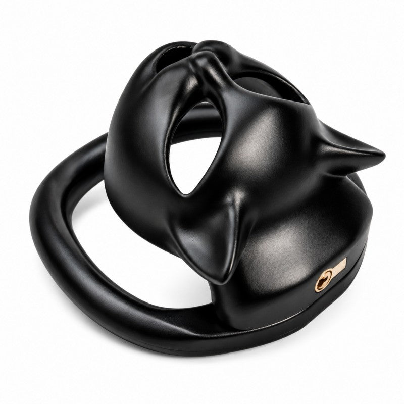 Side view of black cat face cage and base ring