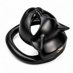 Side view of black cat face cage and base ring