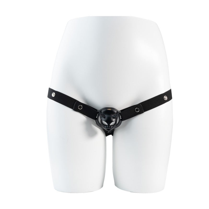 Black cat face cage worn with black three-way support strap