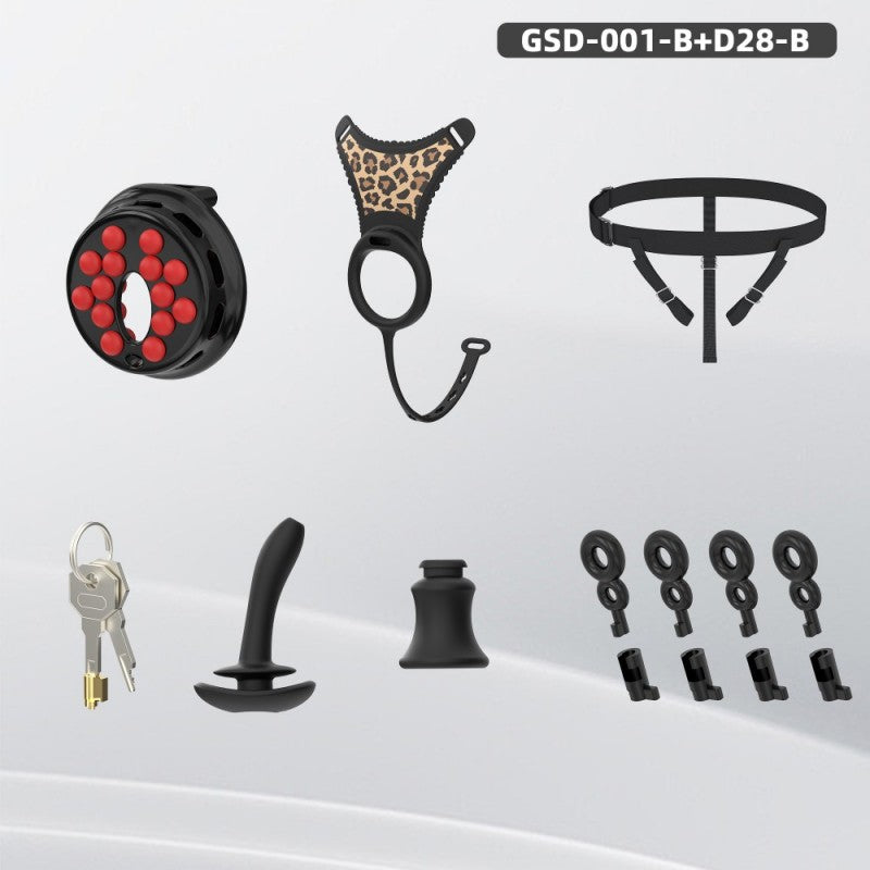 Black flat-head chastity harness with cage, rings, straps, locks and plug accessories