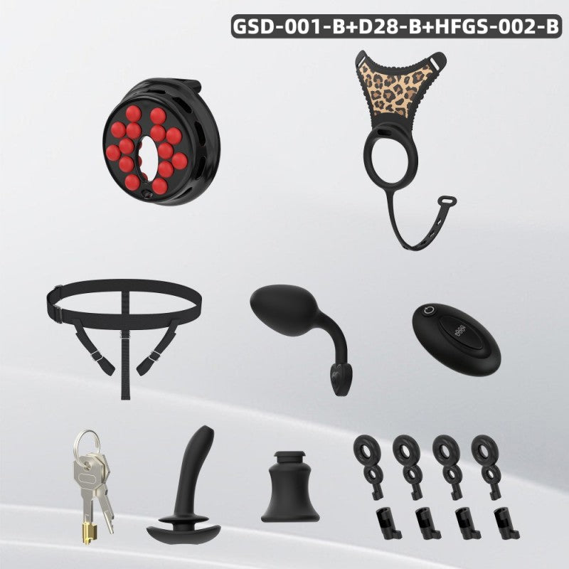 Black flat-head silicone chastity harness package with vibrating plug and remote